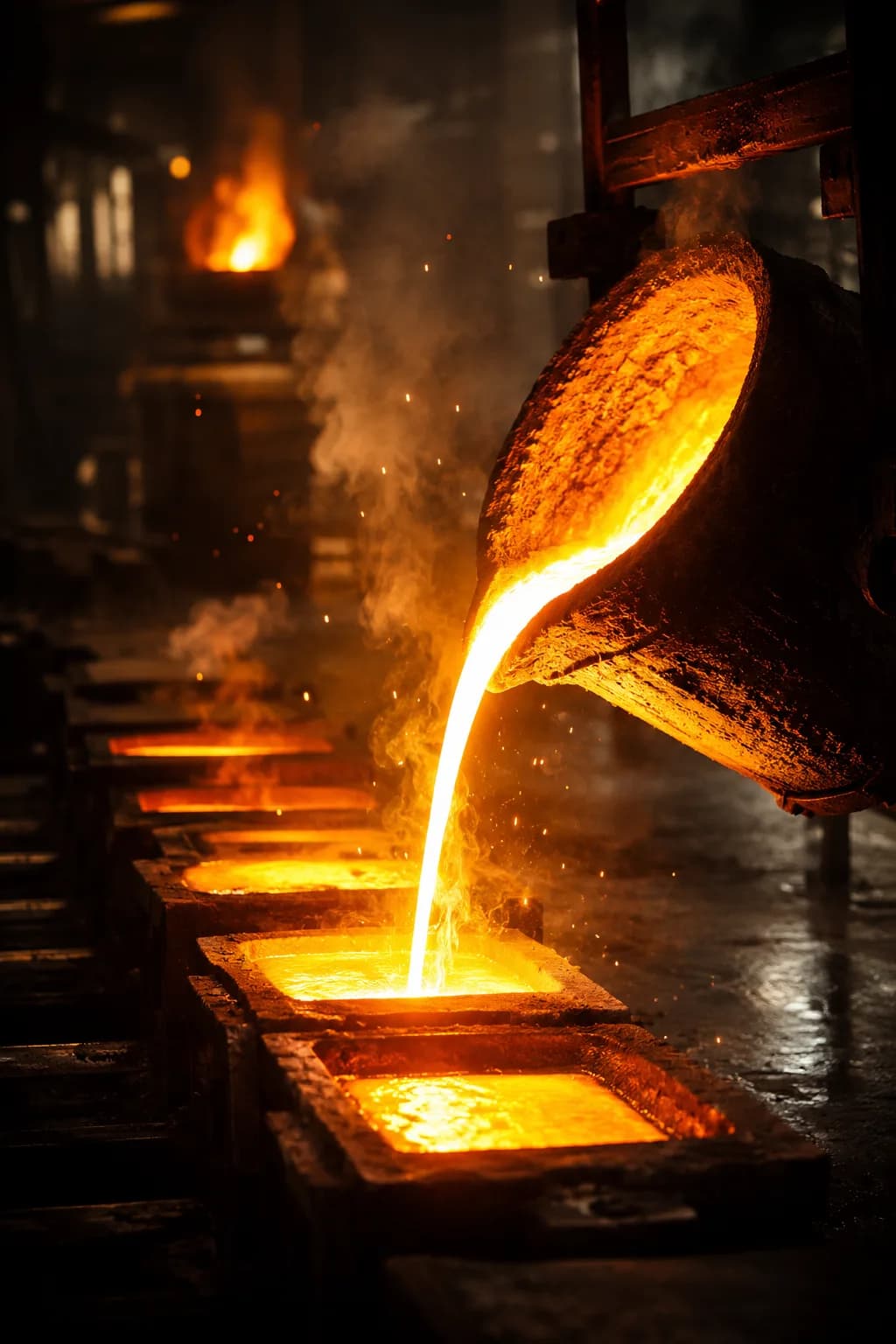 Molten aluminium poured into ingot moulds in an Indian cast house — electricity-intensive smelting