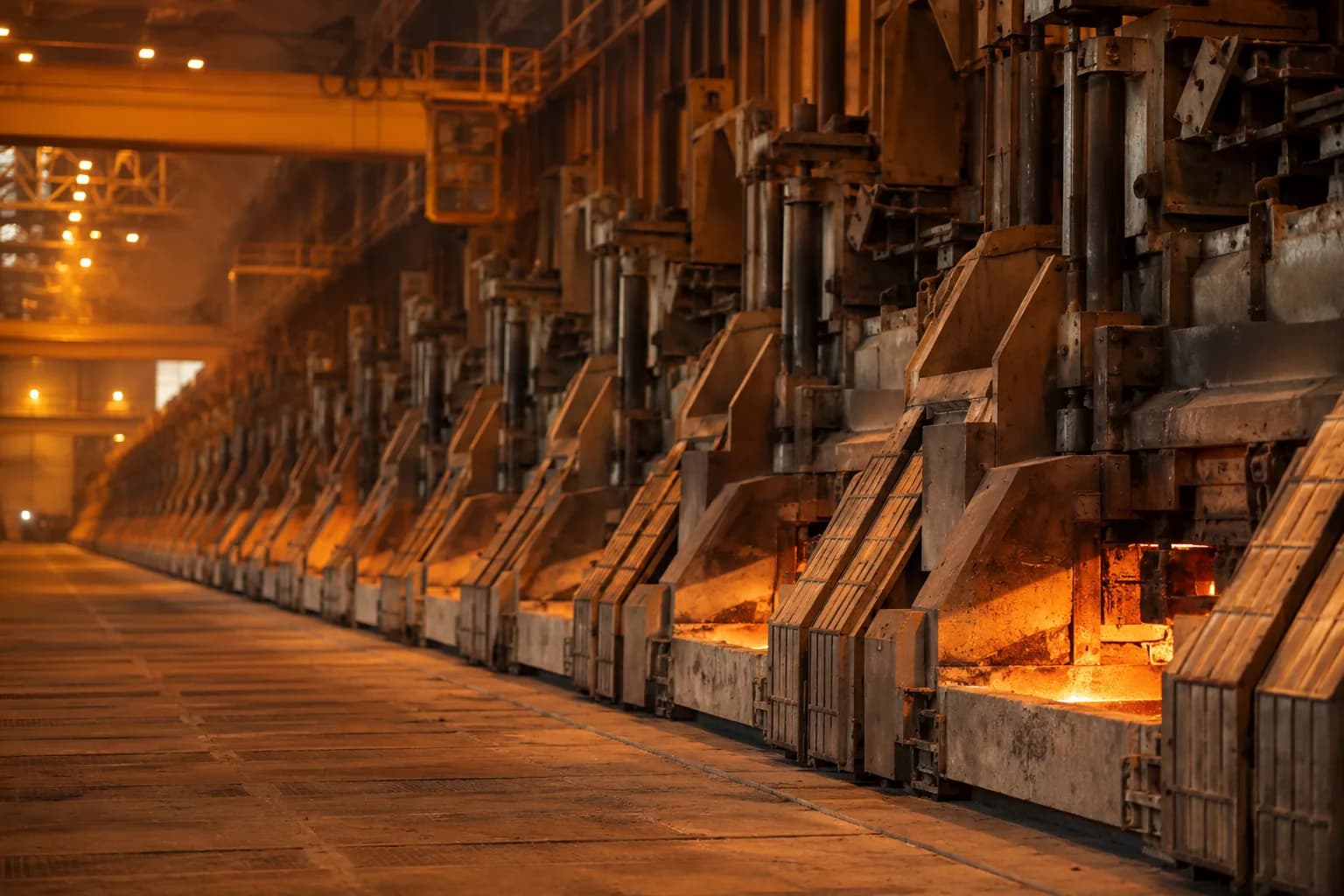 Indian aluminium smelter potline — electrolysis reduction pots glowing with molten metal