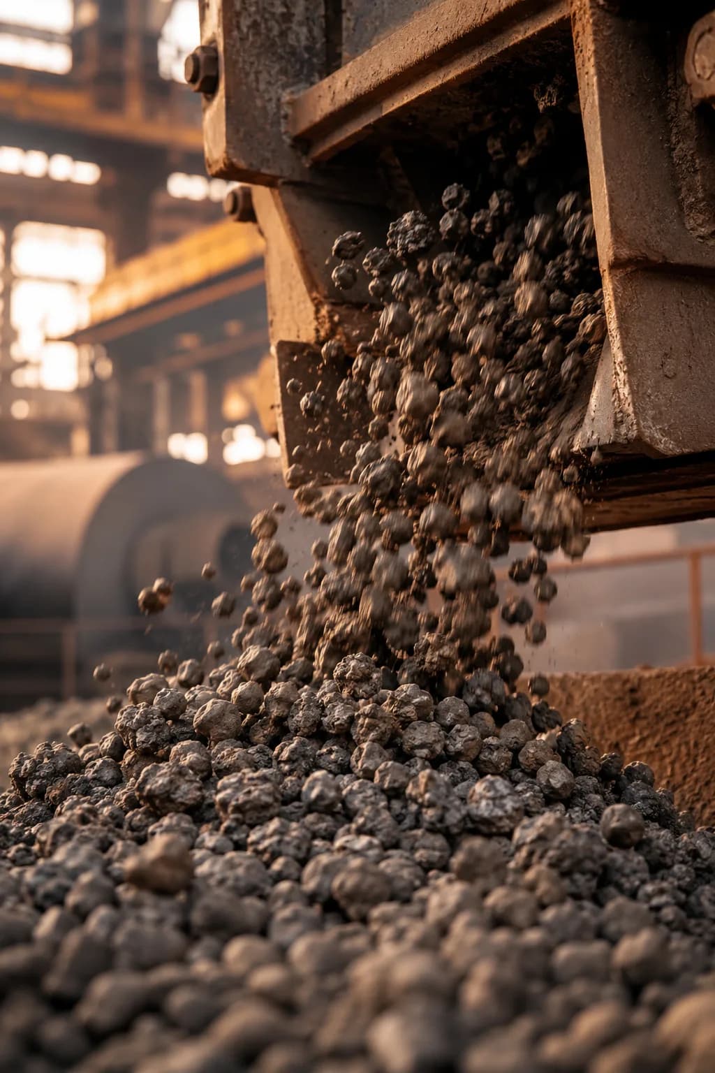 Grey cement clinker nodules tumbling from a clinker cooler in an Indian cement plant