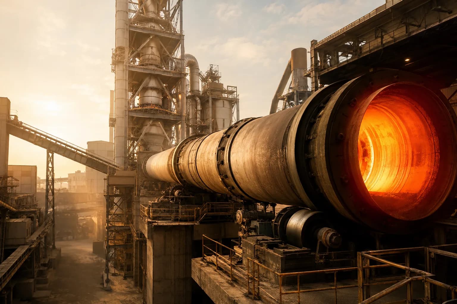 Rotary cement kiln in an Indian cement plant — burner end glowing, preheater tower behind