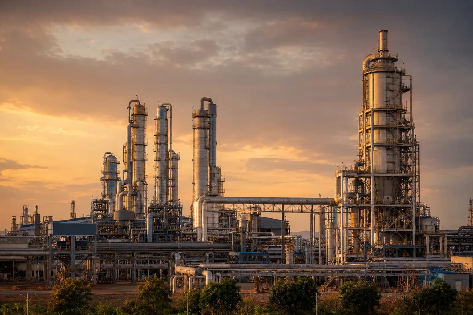 Indian nitrogen-fertilizer plant at golden hour — ammonia synthesis and urea prilling towers