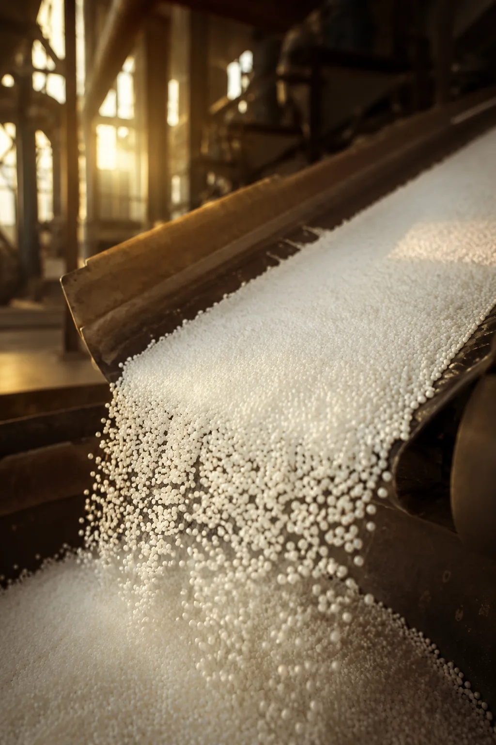 White urea prills cascading down a conveyor in an Indian fertilizer plant