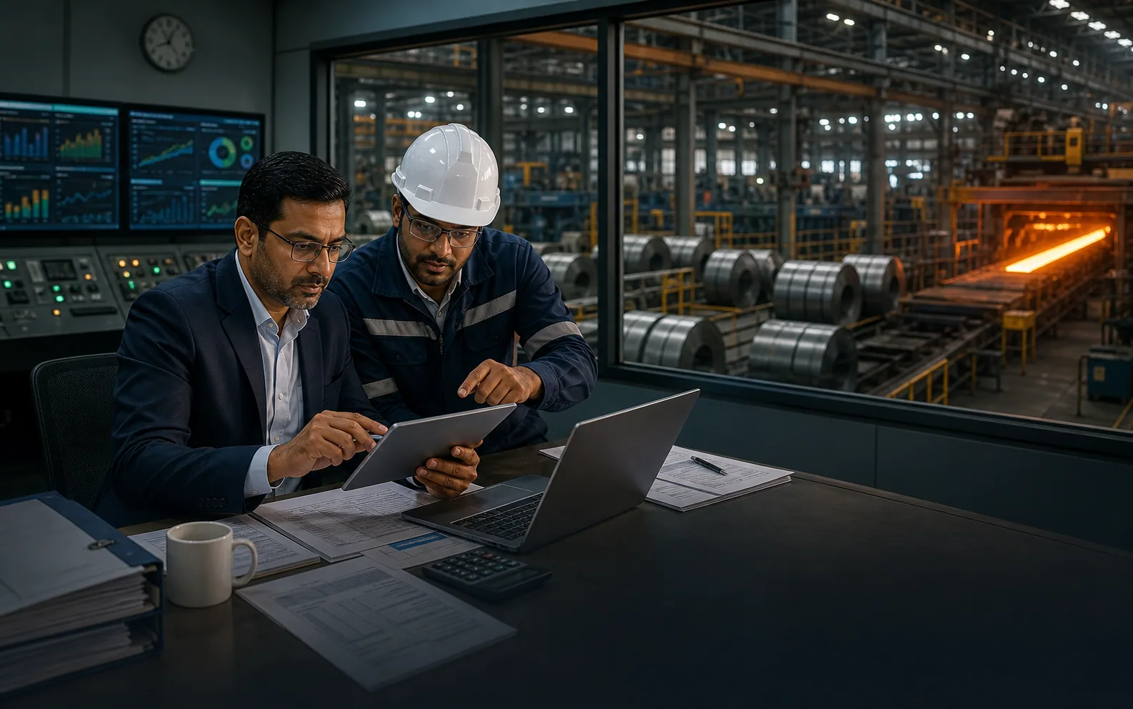 Indian factory team reviewing production and energy data for CBAM